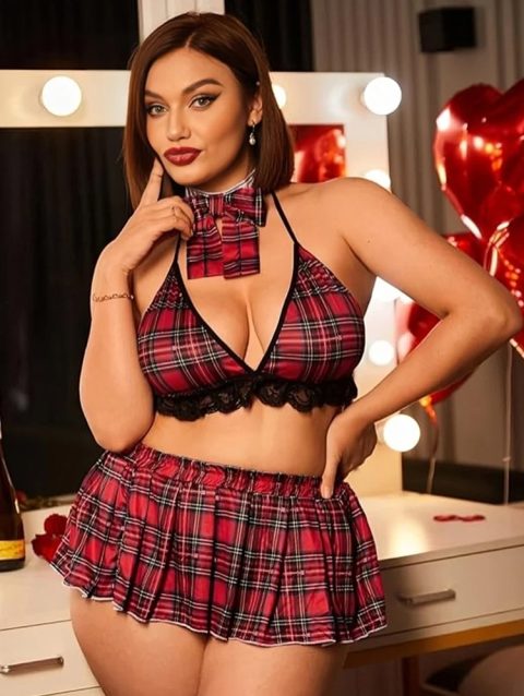Sexy School Girl Red Plaid Babydoll Set